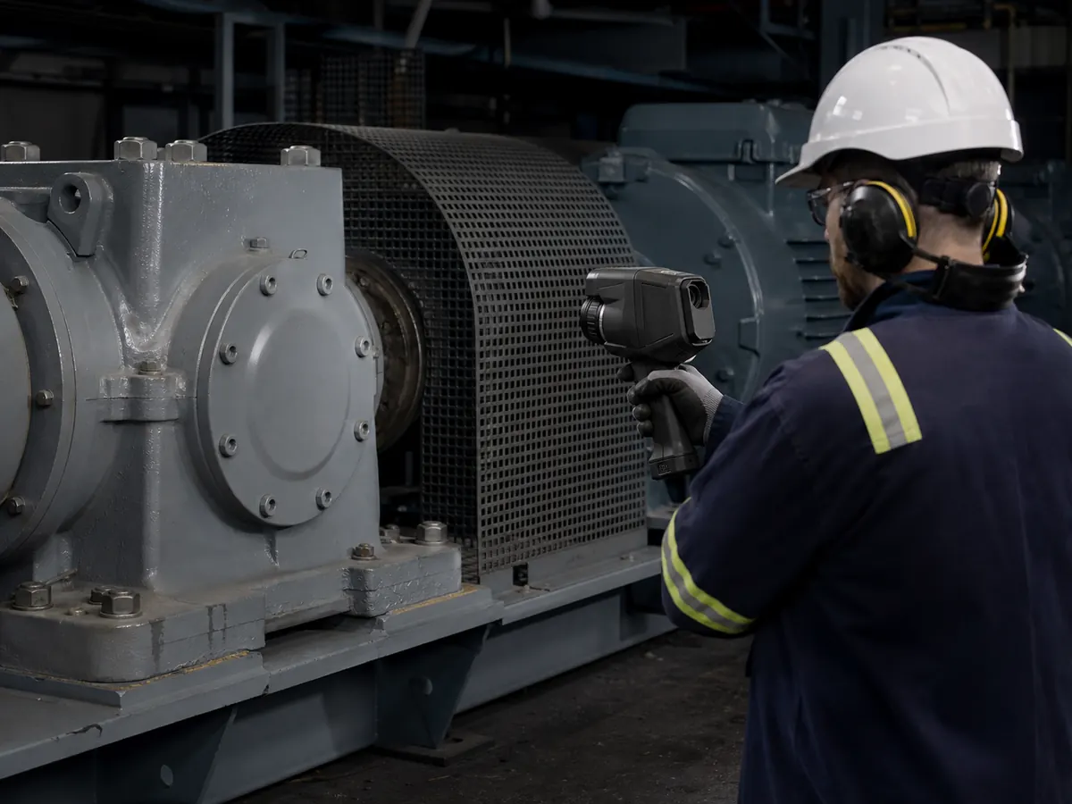 Illustrative technician using a thermal camera beside a guarded motor and gearbox drive.