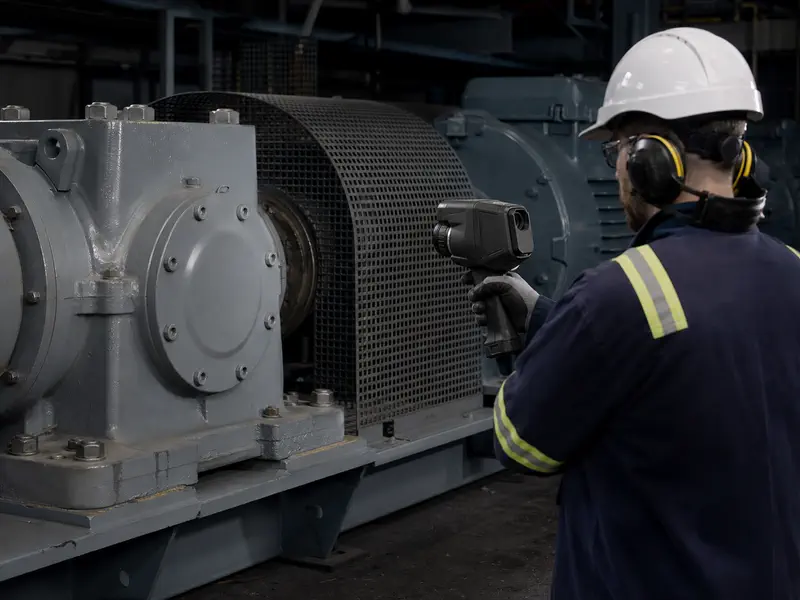Illustrative technician using a thermal camera beside a guarded motor and gearbox drive.