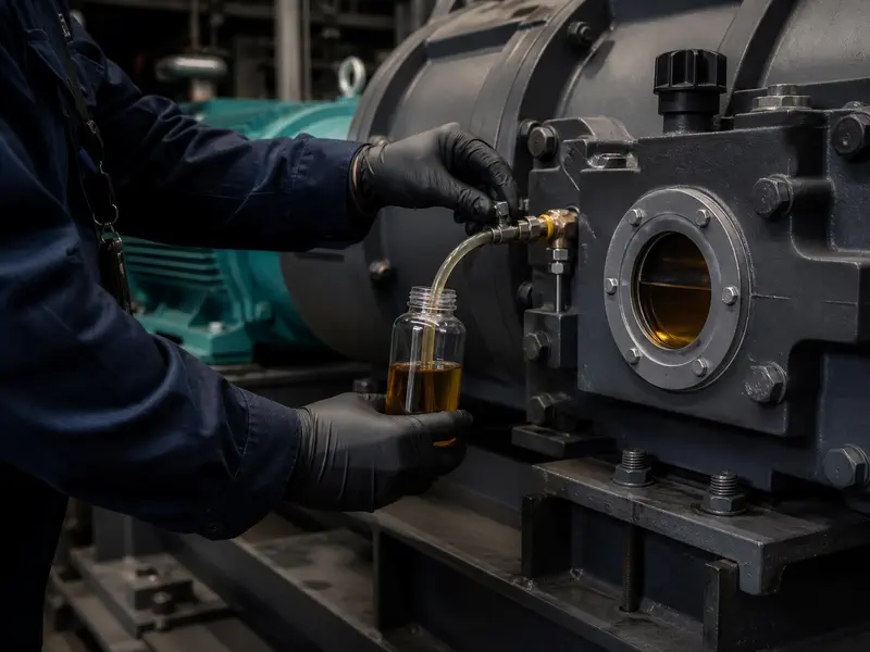 Illustrative gearbox oil sample being drawn through clean tubing at a dedicated sampling valve.