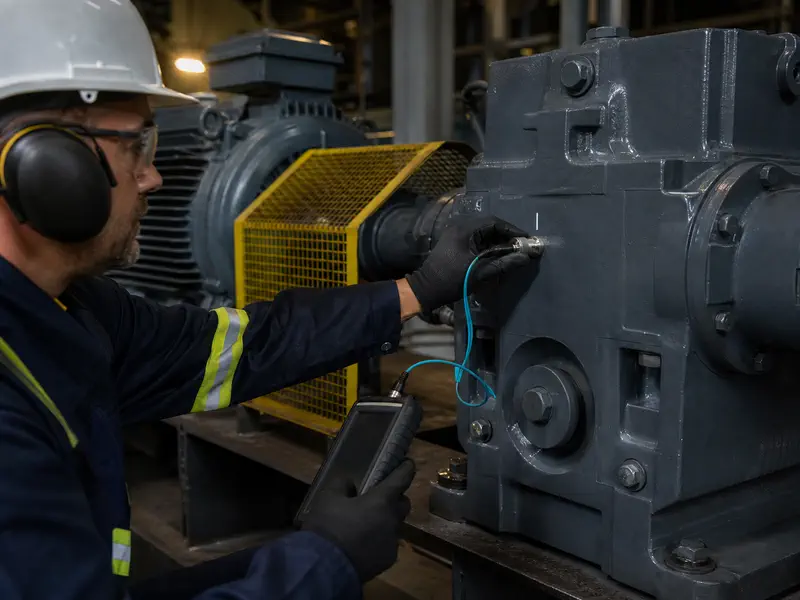 Illustrative technician applying a contact ultrasonic probe to a gearbox inspection point.
