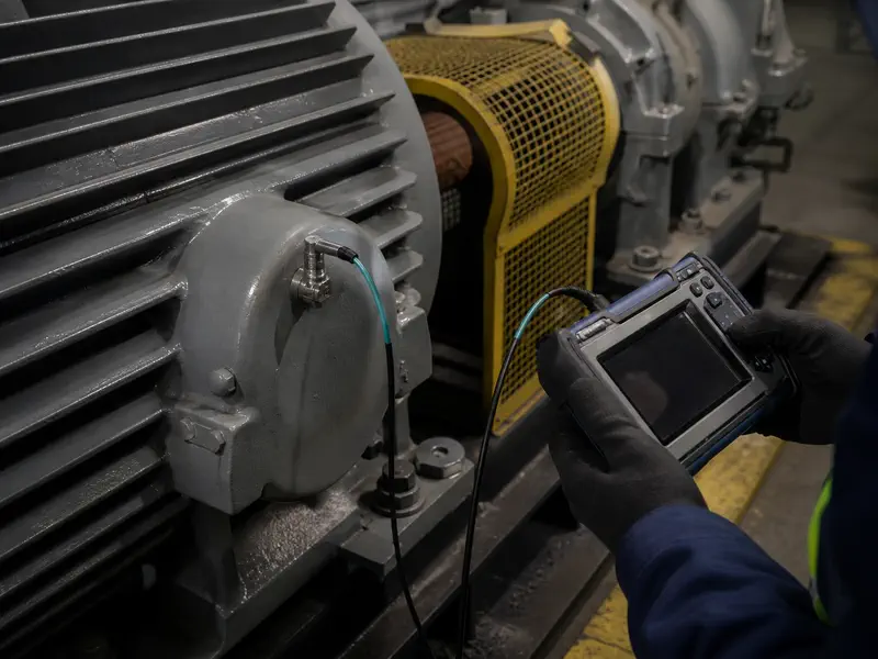Illustrative vibration sensor mounted on a motor bearing housing during inspection.