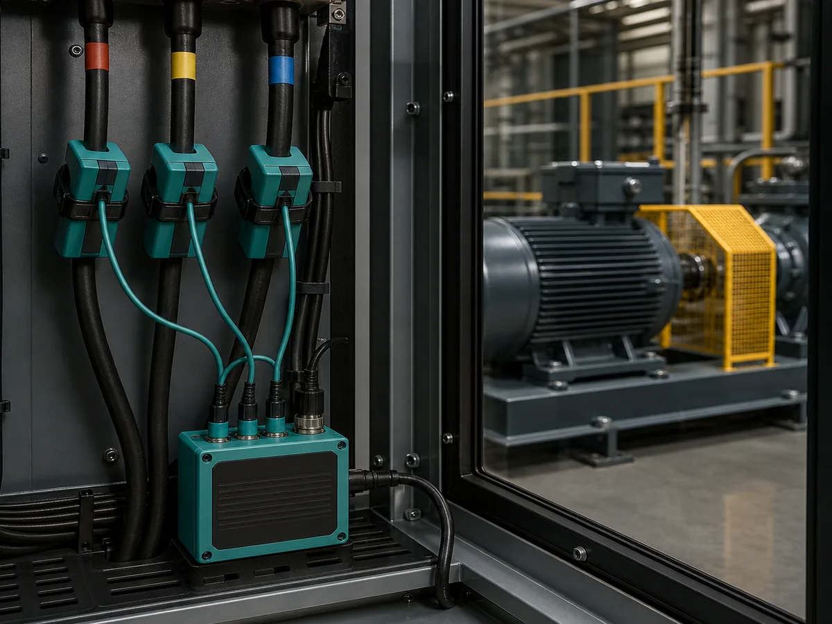 Illustrative line-current sensors installed on three insulated motor-feeder conductors beside a guarded drive.