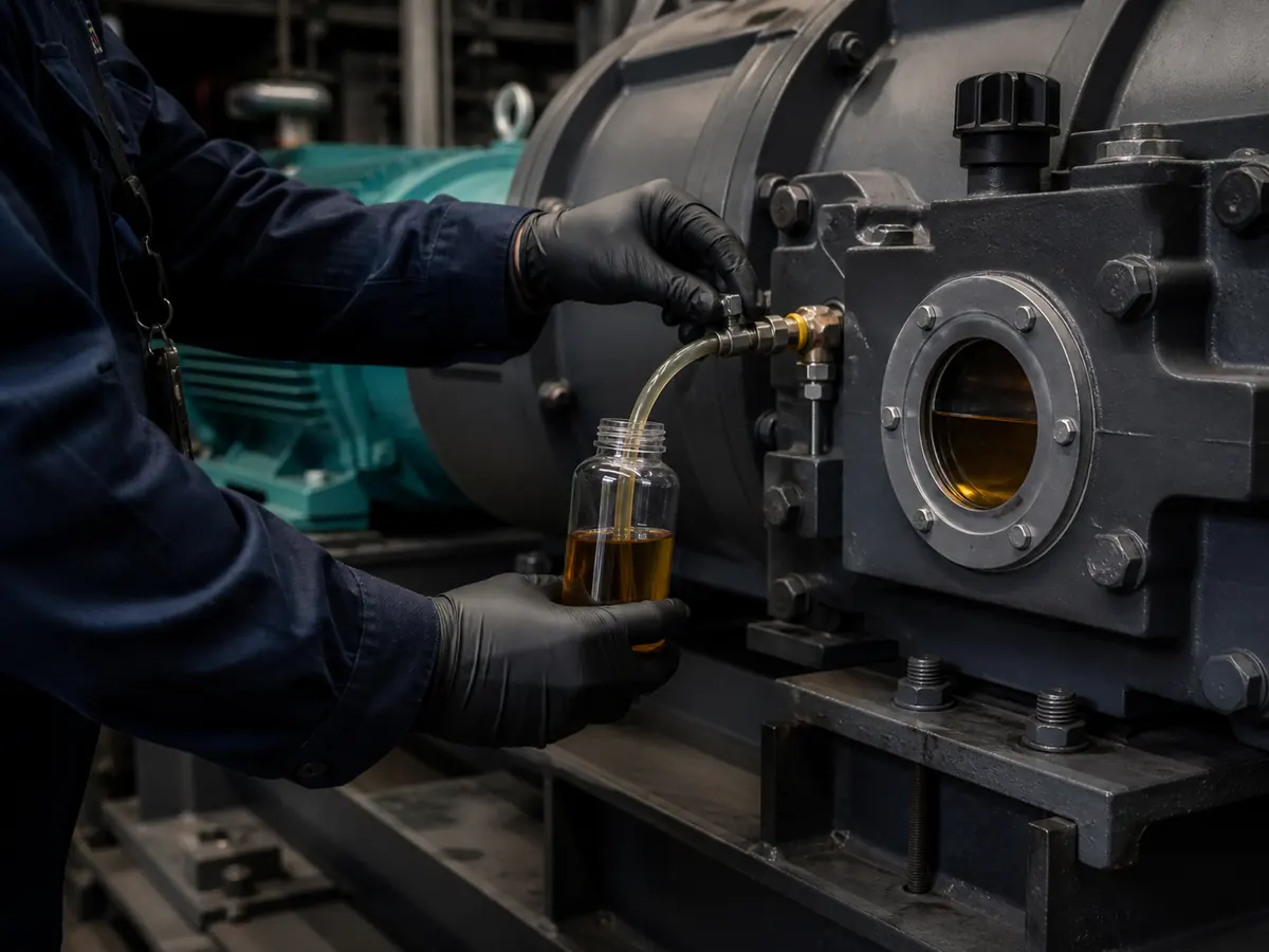 Illustrative gearbox oil sample being drawn through clean tubing at a dedicated sampling valve.