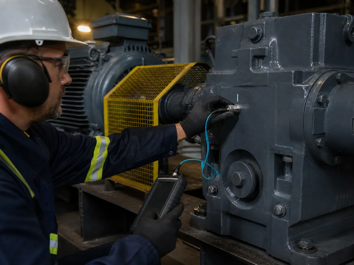 Illustrative technician applying a contact ultrasonic probe to a gearbox inspection point.