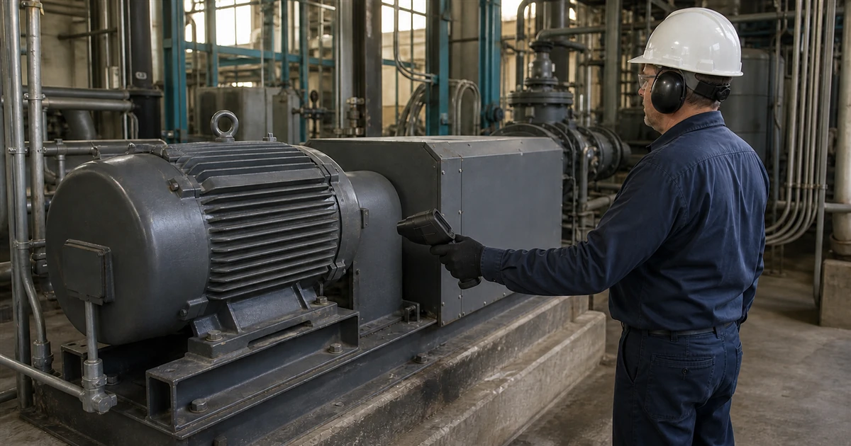 Illustrative technician inspecting a motor drive-end bearing housing from a safe position with a thermal camera