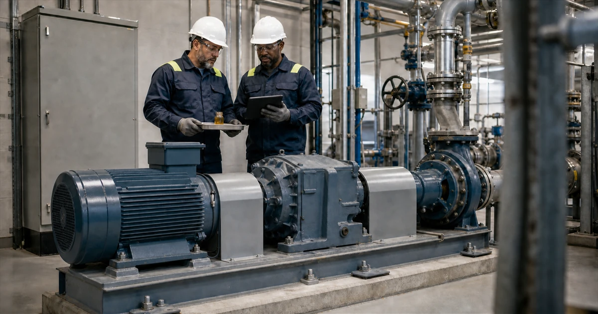Illustrative reliability team reviewing one guarded motor, gearbox and pump train with an oil sample and sensor data