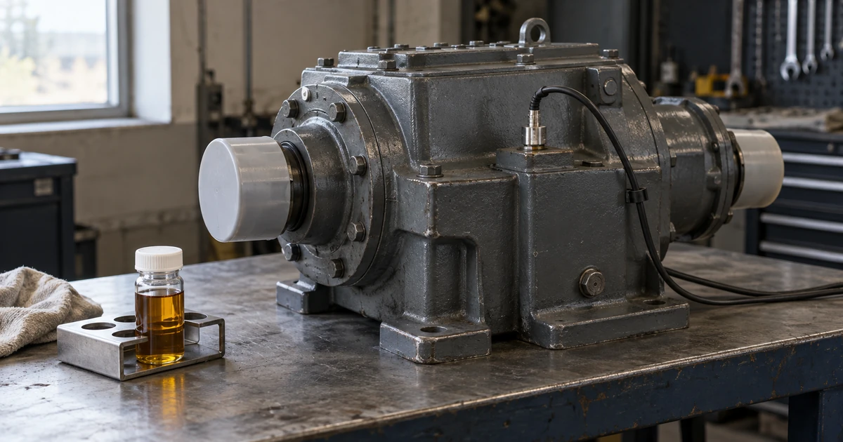 Illustrative stationary gearbox with a mounted vibration sensor and a capped oil sample on an inspection bench