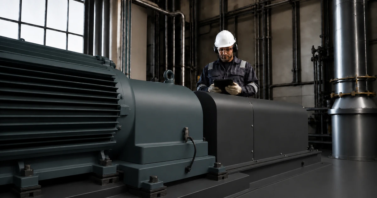 Illustrative technician reviewing vibration data beside a guarded motor drive train with one mounted sensor