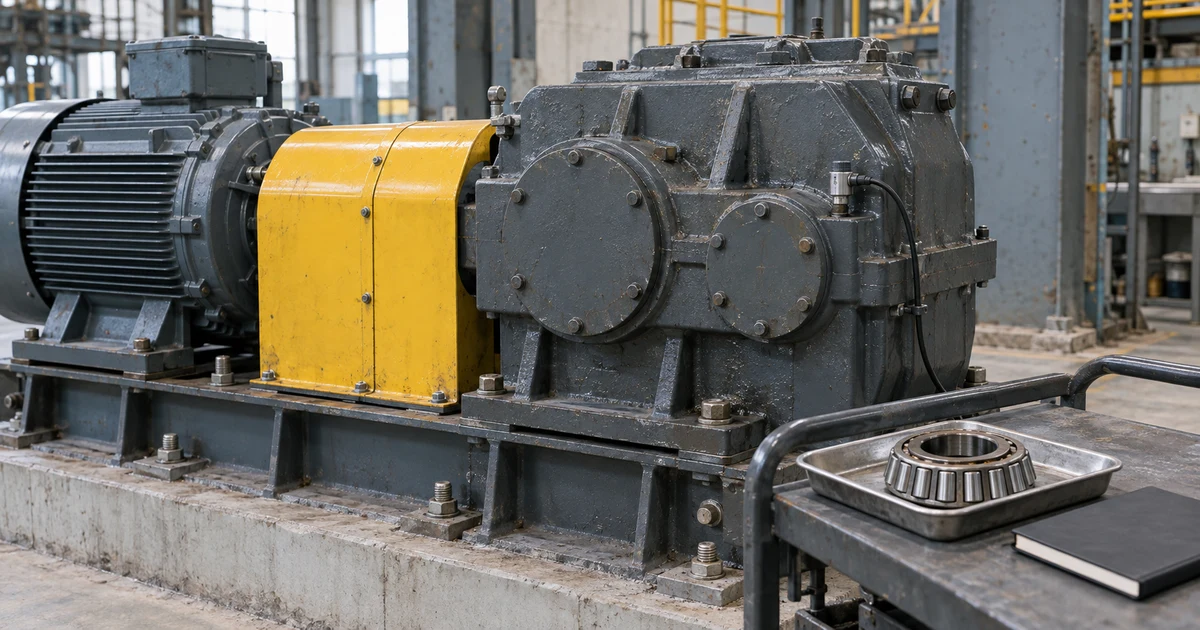 Illustrative guarded motor and gearbox with a mounted vibration sensor and a removed bearing on a nearby inspection tray
