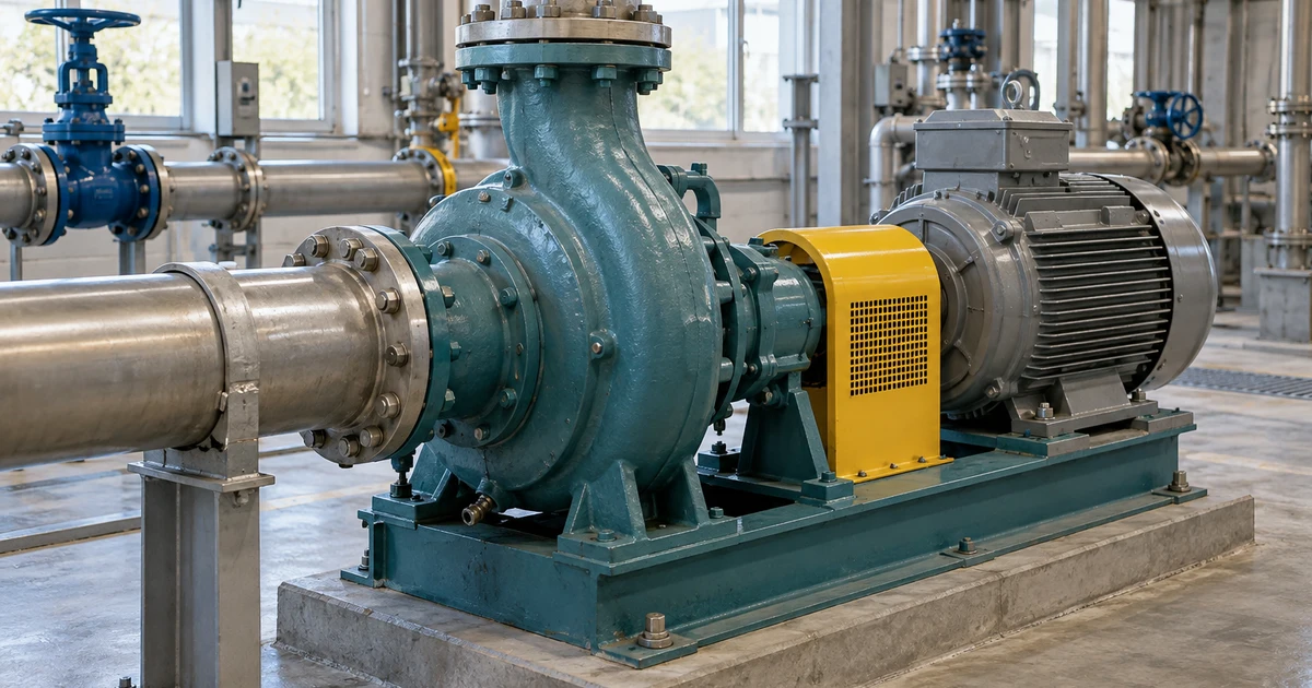 AI-generated illustration of a centrifugal water pump, coupling guard and motor in a utility plant room